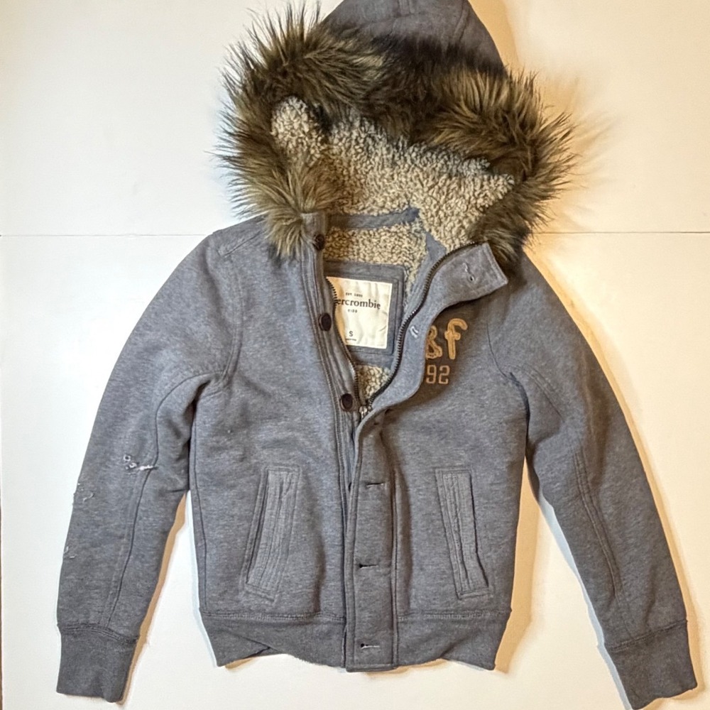 Vtg Abercrombie Kids Y2K Jacket Size S Gray Faux Fur Sherpa Lined Hoodie
